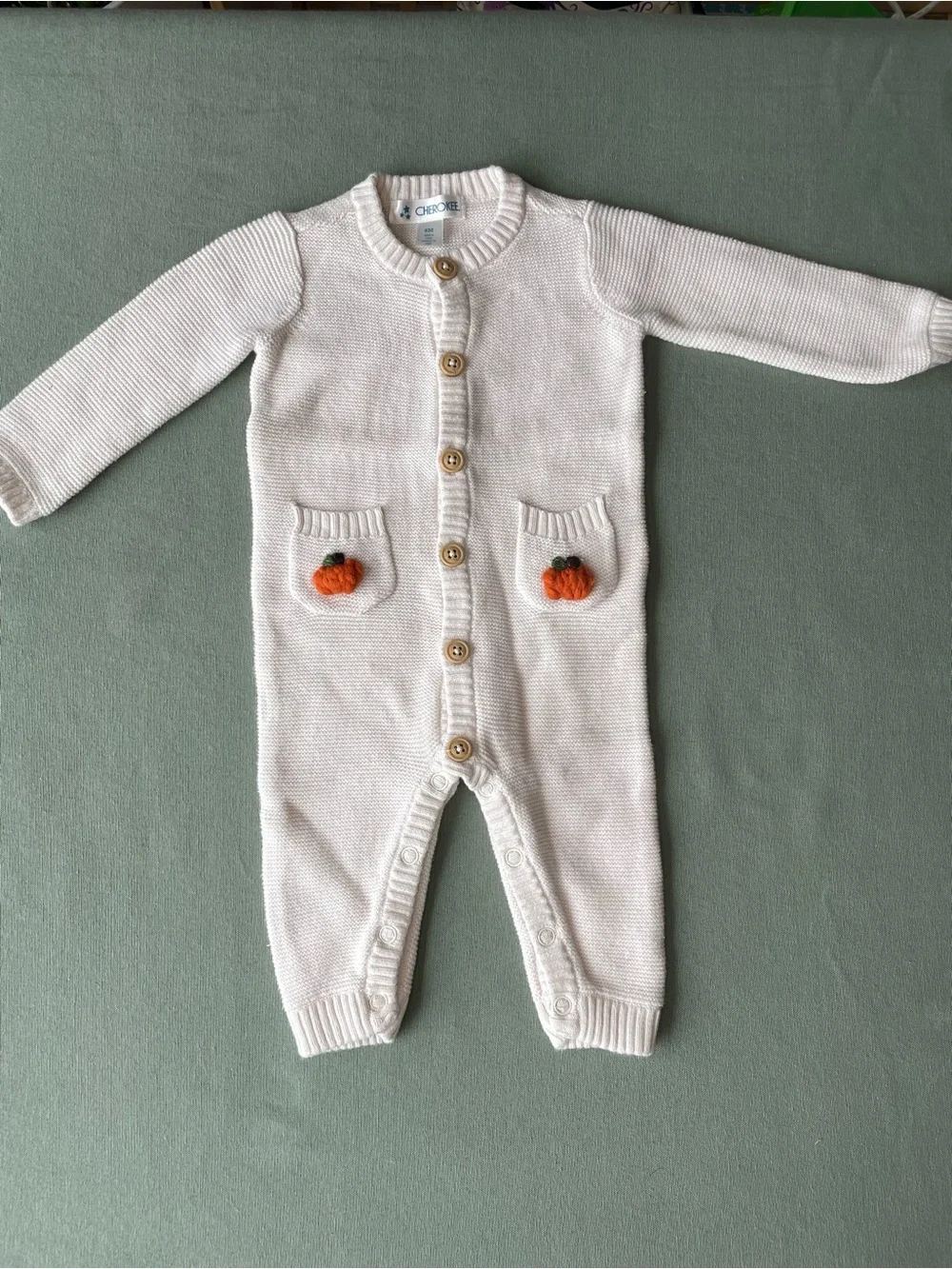 Upcycled Cream Knit One-Piece with hand stitched Pumpkin Pocket Accents